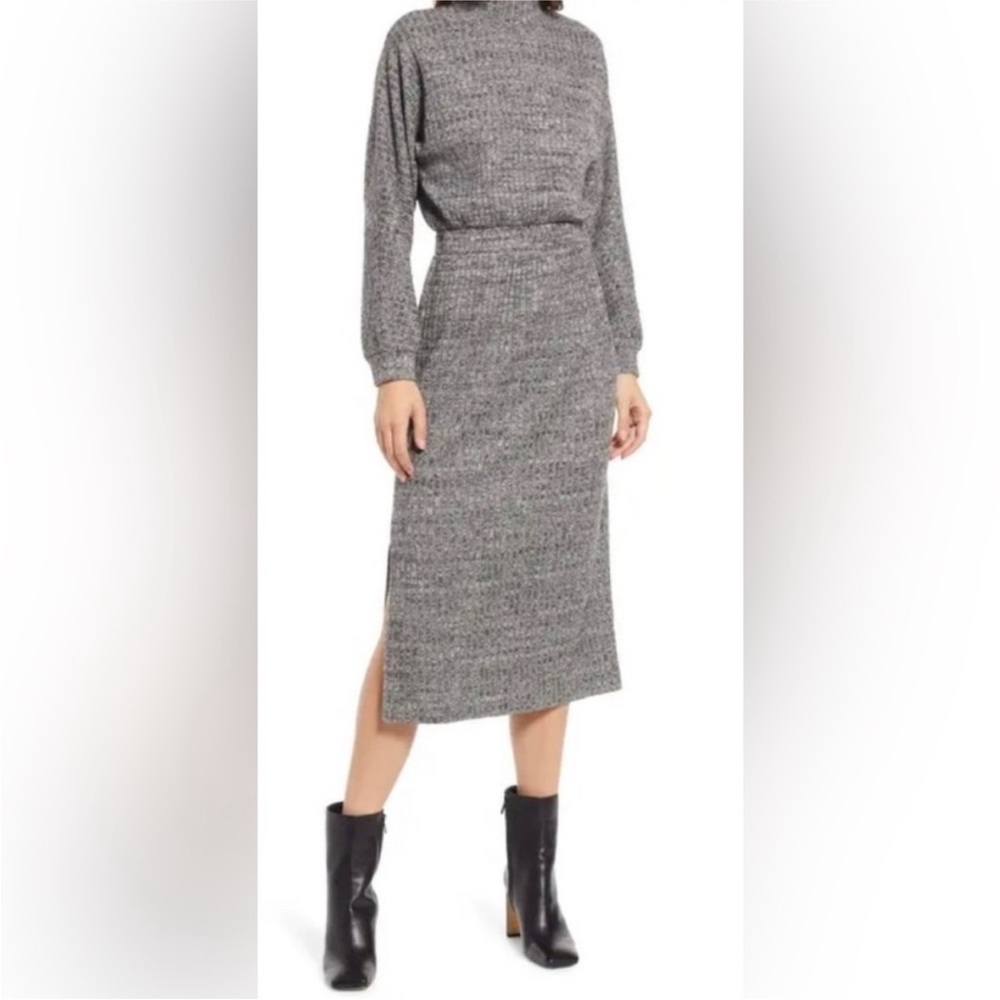 Floret Studios Gray ribbed mock neck open back side slit sweater dress Small